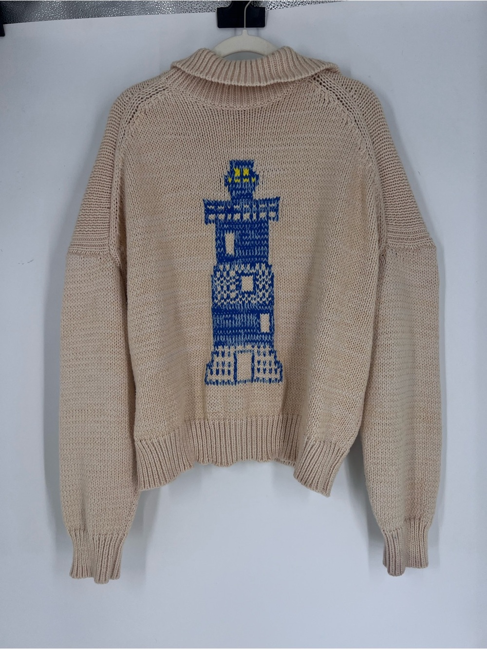 Maeve Lighthouse Graphic Cream Knit Button-Front Nautical Coastal Cardigan XL - Picture 8 of 9